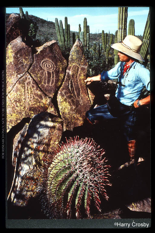 Enrique Hambleton with petroglyphs, Sierra de San Francisco, 1974