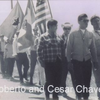 ROBERTO  BUSTOS AND CESAR CHAVEZ IN 1966 ON OUR WAY TO SACRAMENTO ALONG WITH MARCHERS LUIS VALENZUELA AND PETE CARDENAS.