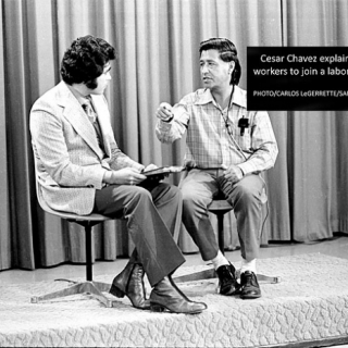 Cesar Chavez gives a TV interview in San Jose CA.