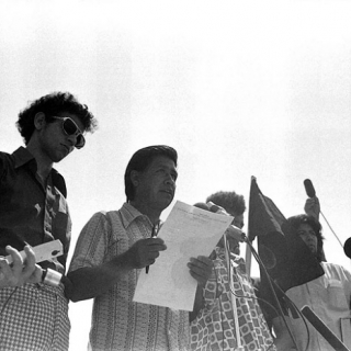 Cesar Chavez at Naji Dafulla Funeral press conference 1973.