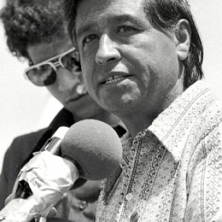 Cesar Chavez at Naji Dafullah Funeral press conference in Delano 1973.
