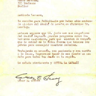 Congratulatory Letter From Cesar Chavez To Jesus Sanchez / May 1970